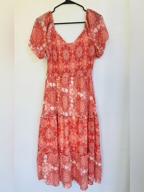 Sincerely Jules Coral Red Floral Puff-Sleeve Maxi Dress